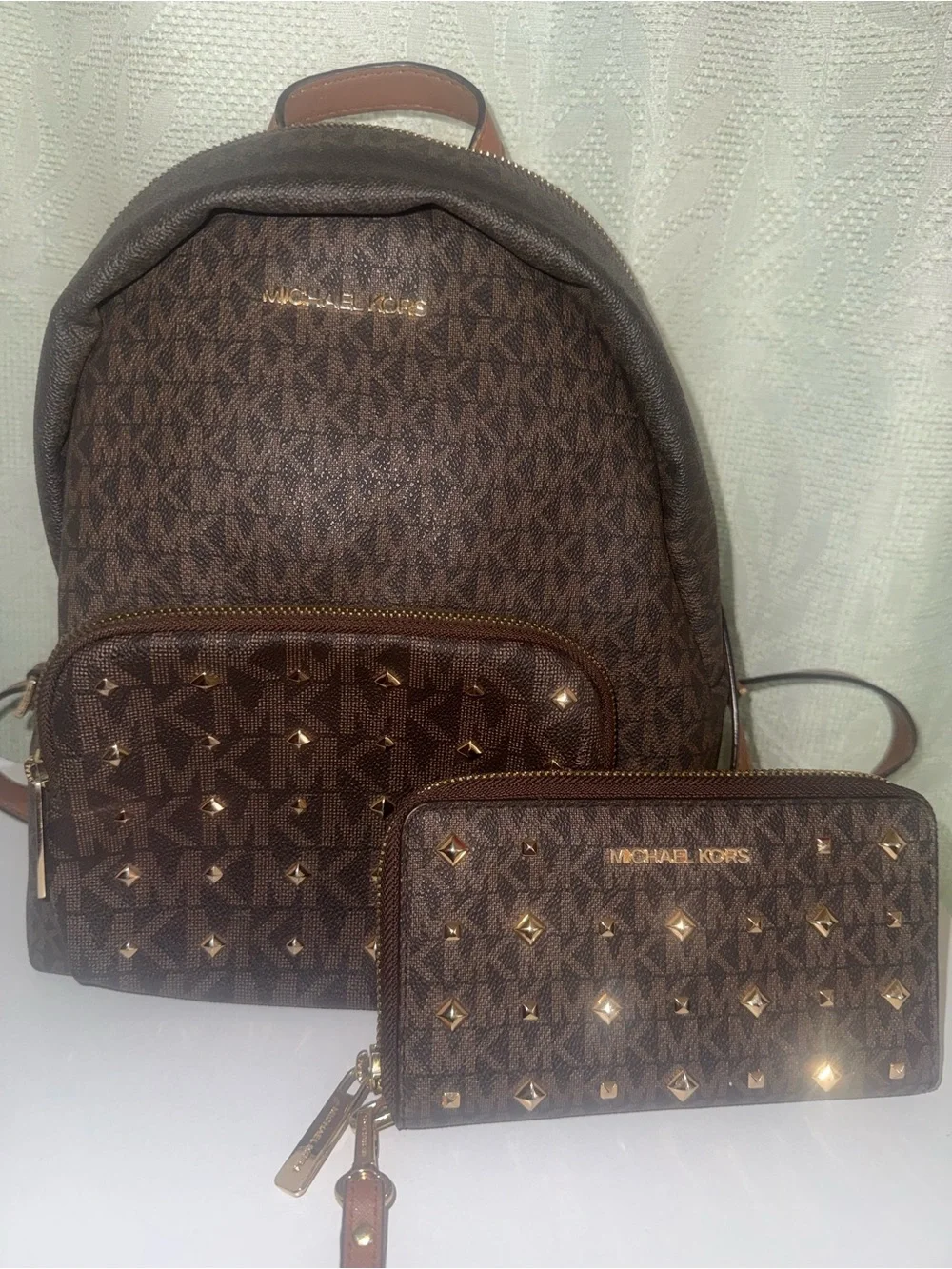 Michael Kors Brown Logo Studded Backpack & Wallet Set